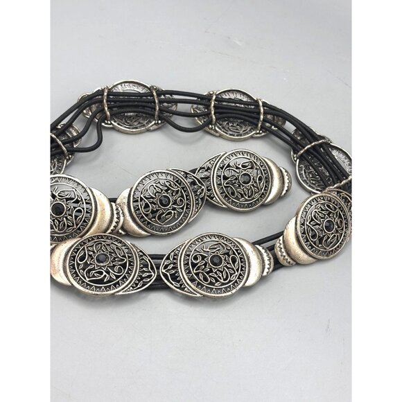 Chicos Belt Silver-Tone Filigree Black Stone Stretch 31"-34" Adjustable Fit - Picture 1 of 5